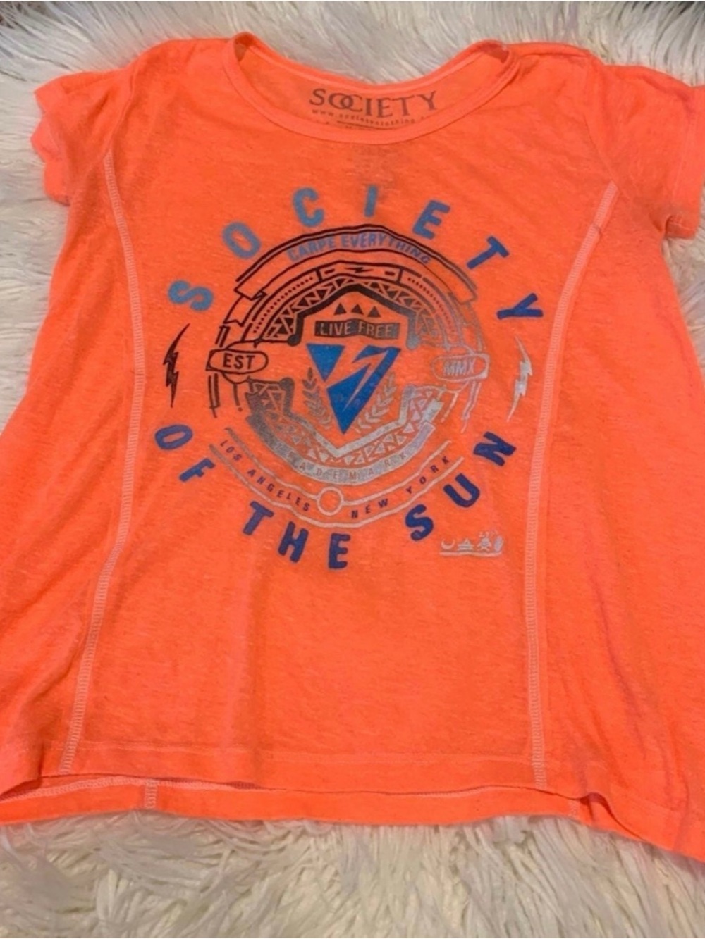 Orange Tee Slub Knit Semi Sheer Sharkbite Society Of The Sun Graphic Sz XS